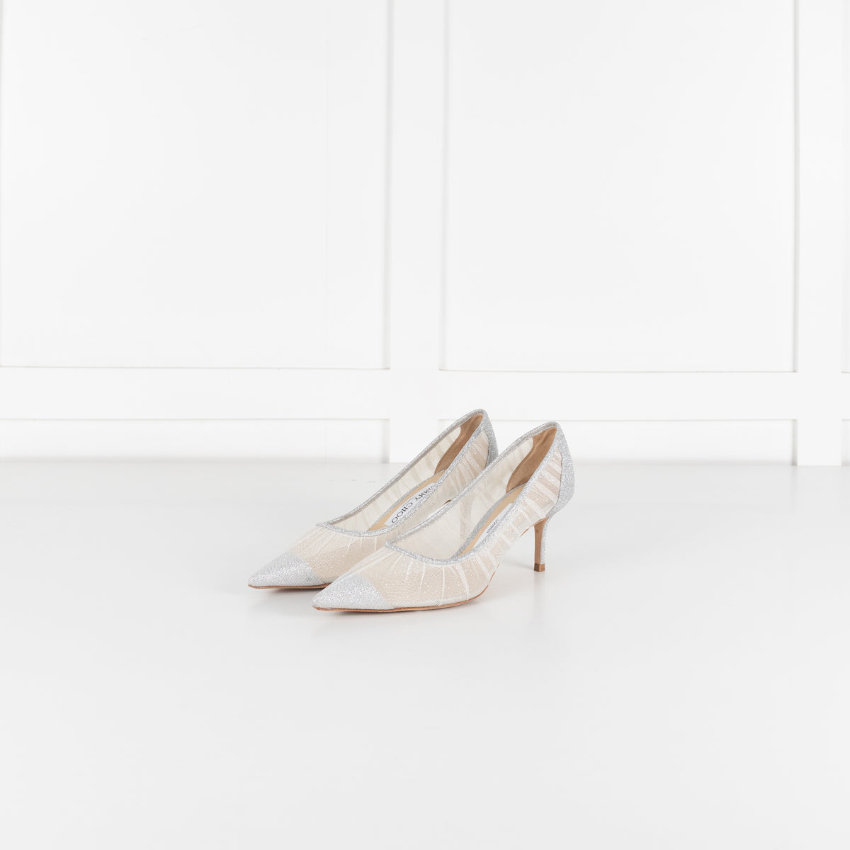 Jimmy Choo Silver Glitter Mesh Pointy Heeled Shoes