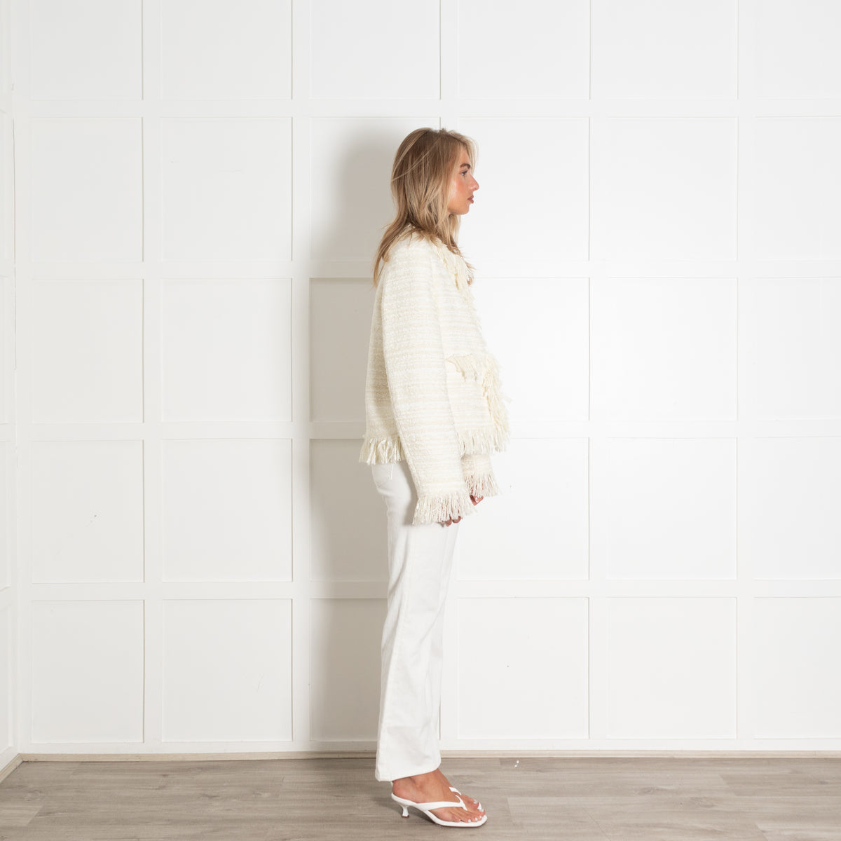 Essentiel Antwerp Cream Tweedy Fringe Trim Jacket