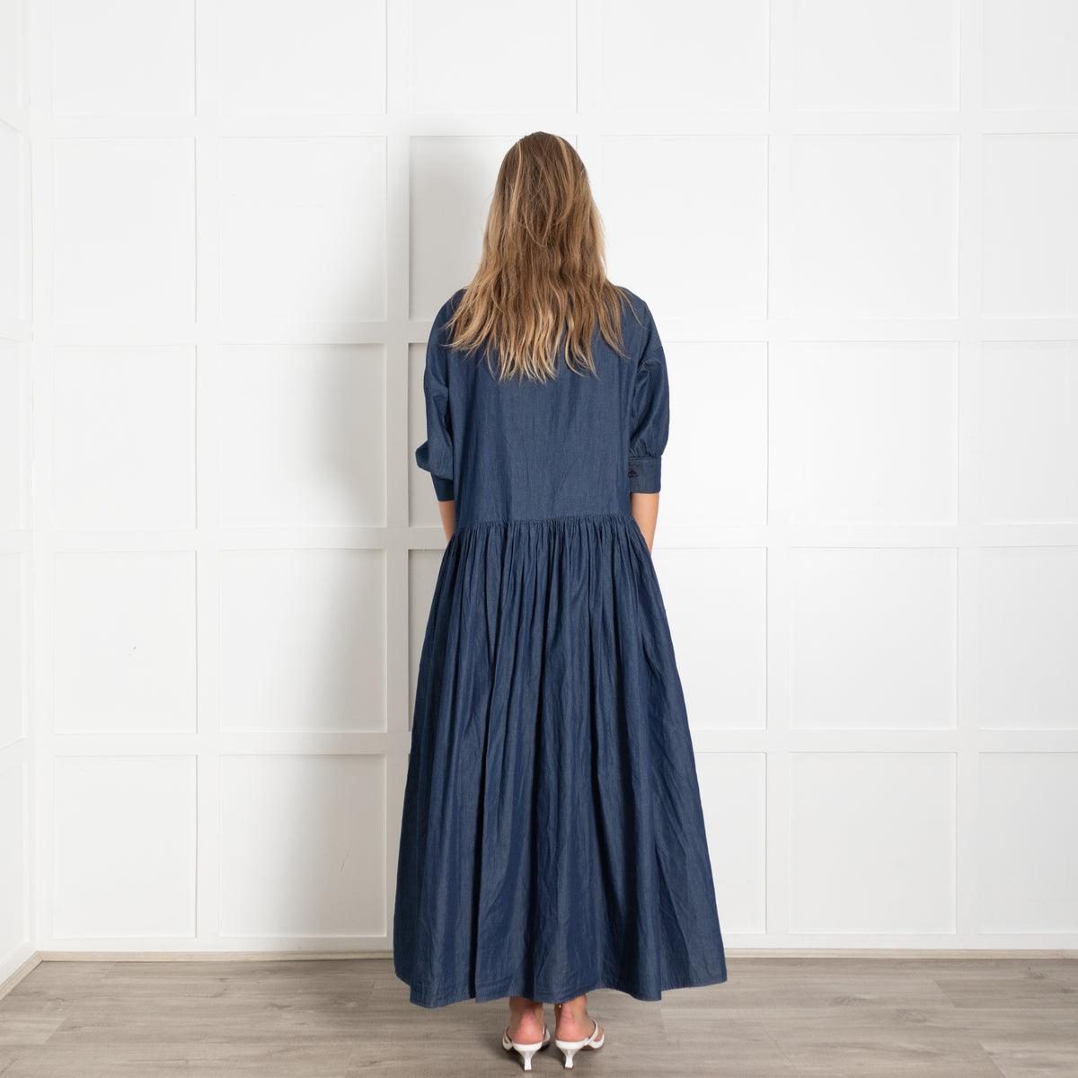 Marielle Dark Chambray Maxi Dress With 3/4 Sleeve