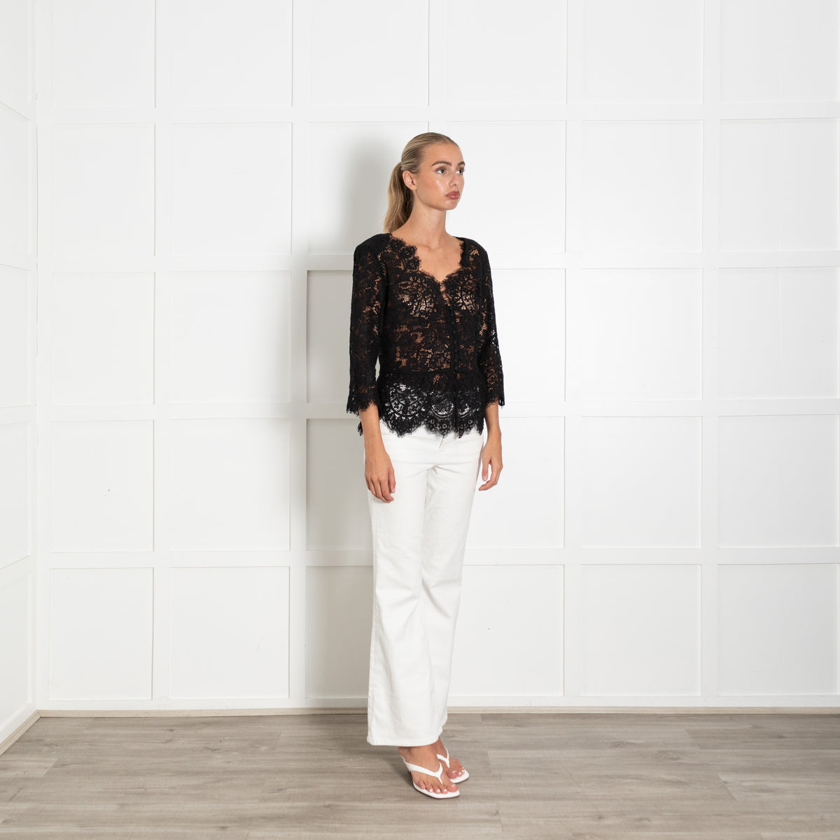 The Kooples Black Lace, Button Front, Long Sleeve Top