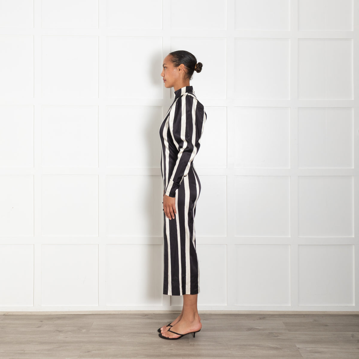 Rotate Birger Christensen Theresa Black & White Striped Dress With Puffed Sleeves
