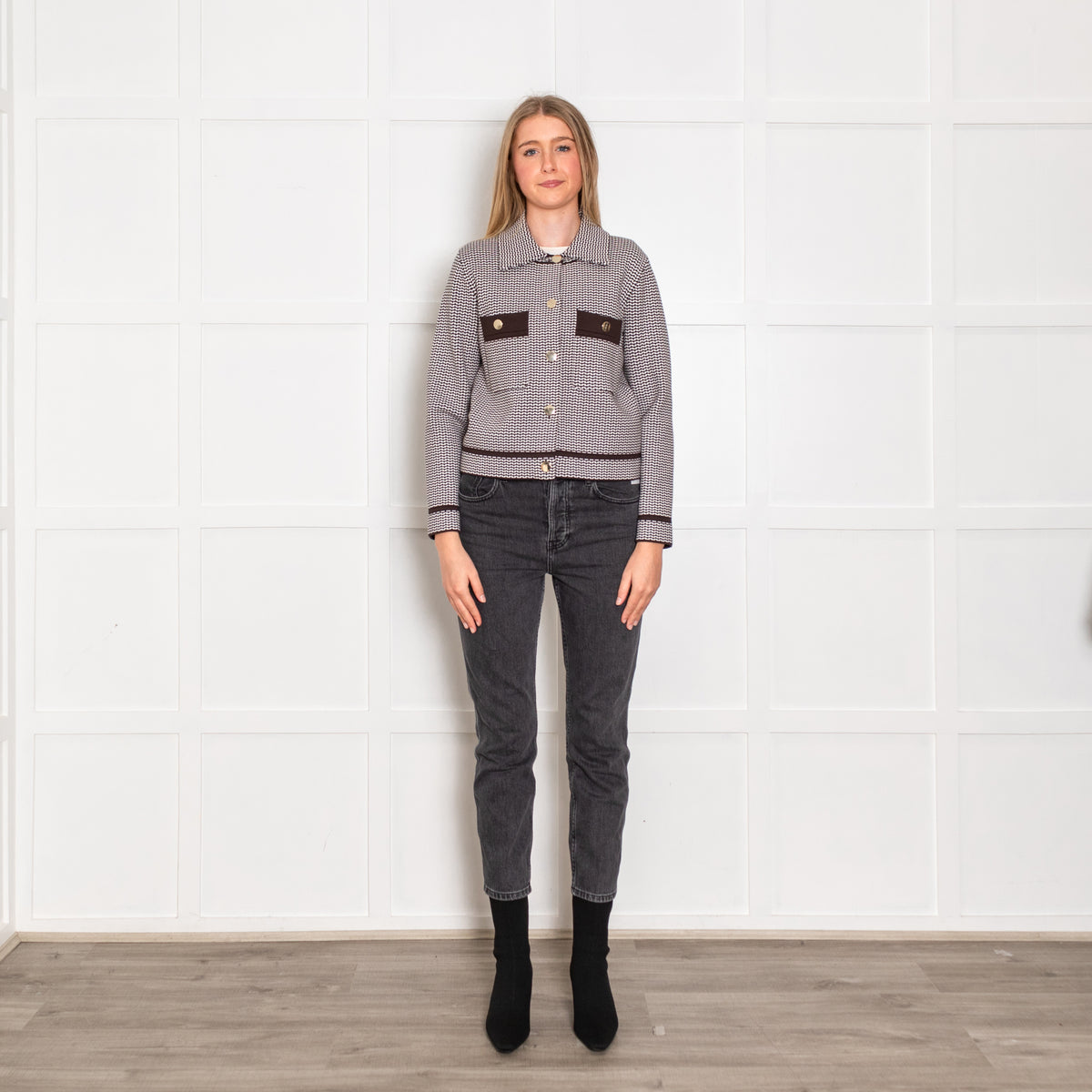 Claudie Pierlot Brown and White Stretch Knit Jacket with Gold Buttons