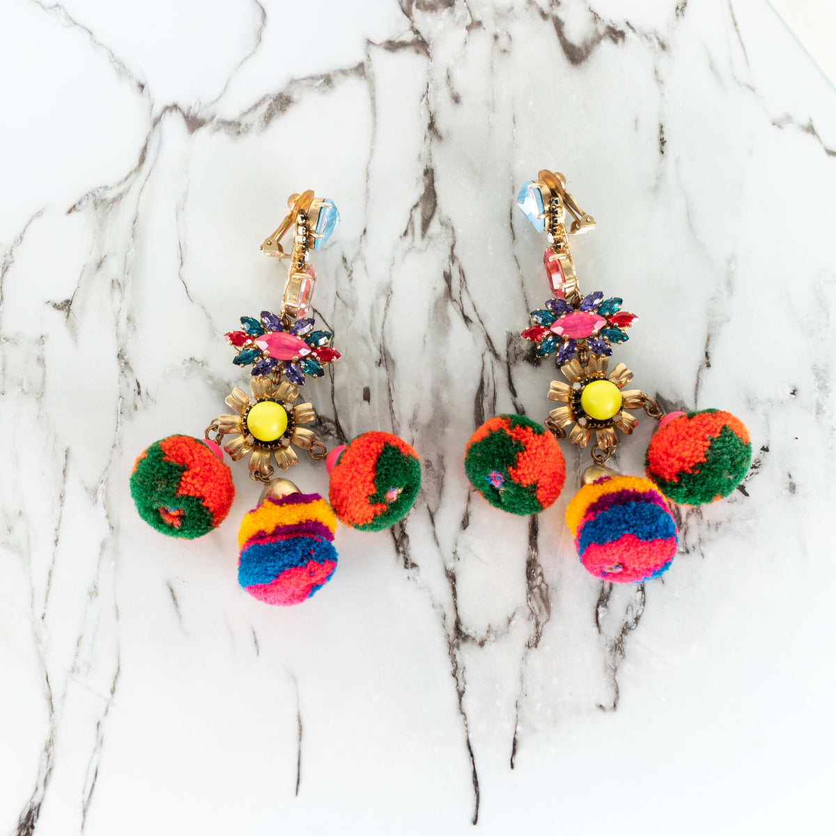 Vicki Sarge Gold Multicolour Pom Pom Crystal Clip On Earrings
