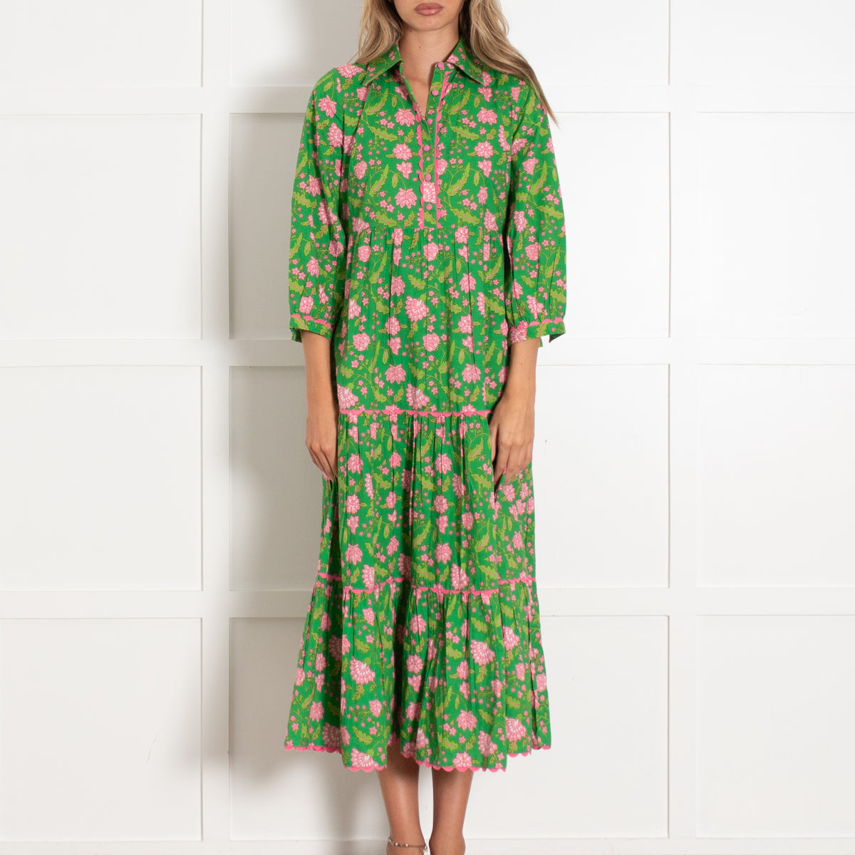 Pink City Prints Green Pink Floral Cotton Maxi Dress