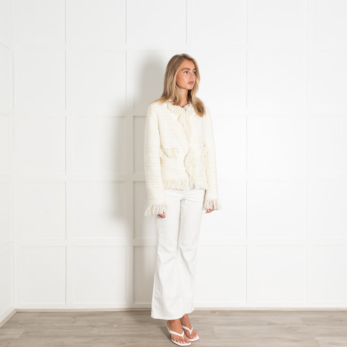 Essentiel Antwerp Cream Tweedy Fringe Trim Jacket