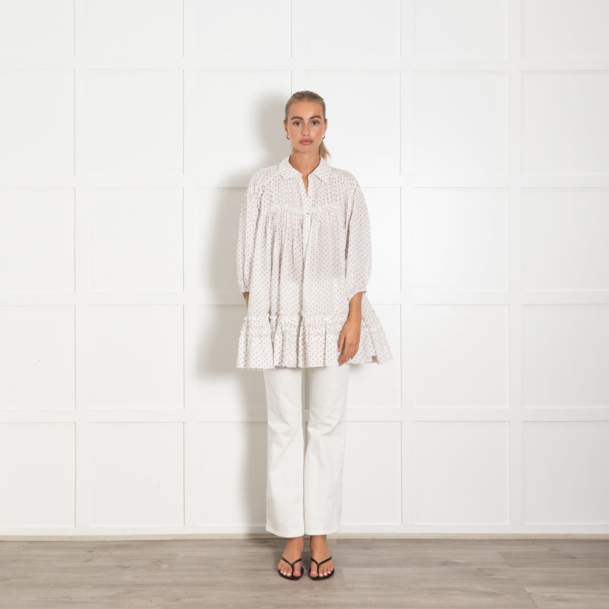 Free People White Pintuck Button Down Top With Red Smallprint