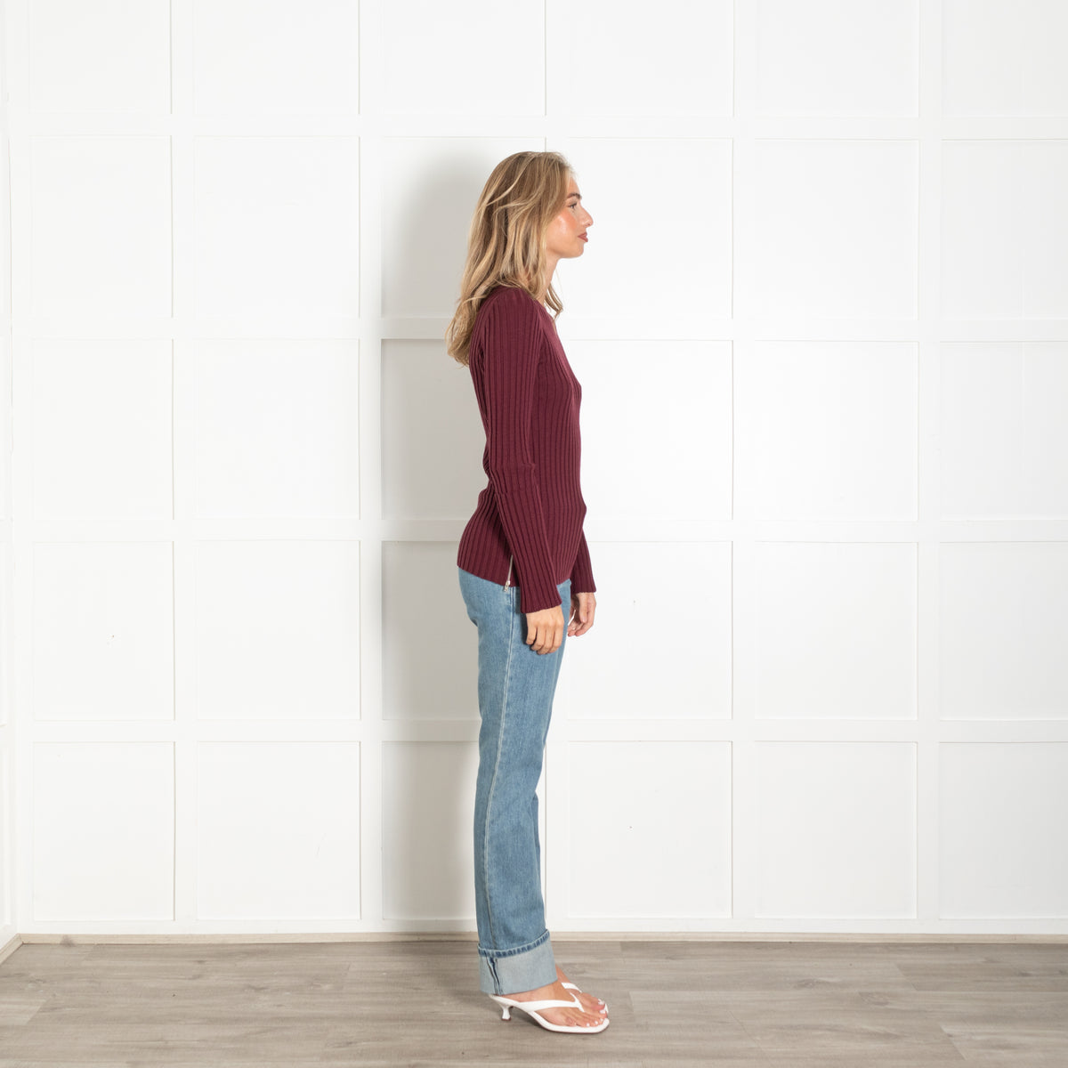 Joseph Burgundy Merino Wool Blend Zip Detail Jumper