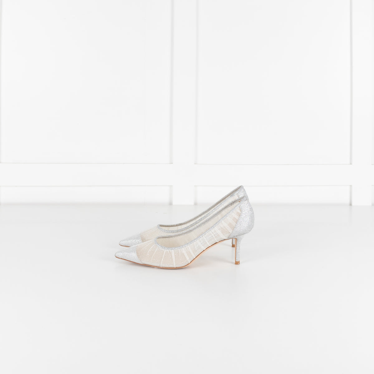 Jimmy Choo Silver Glitter Mesh Pointy Heeled Shoes