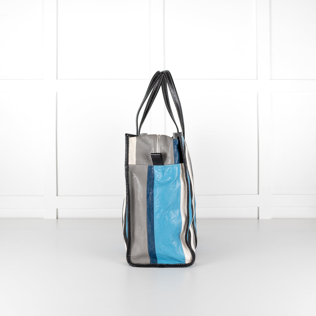 Balenciaga Blue White Grey Stripe Bazar Large Tote