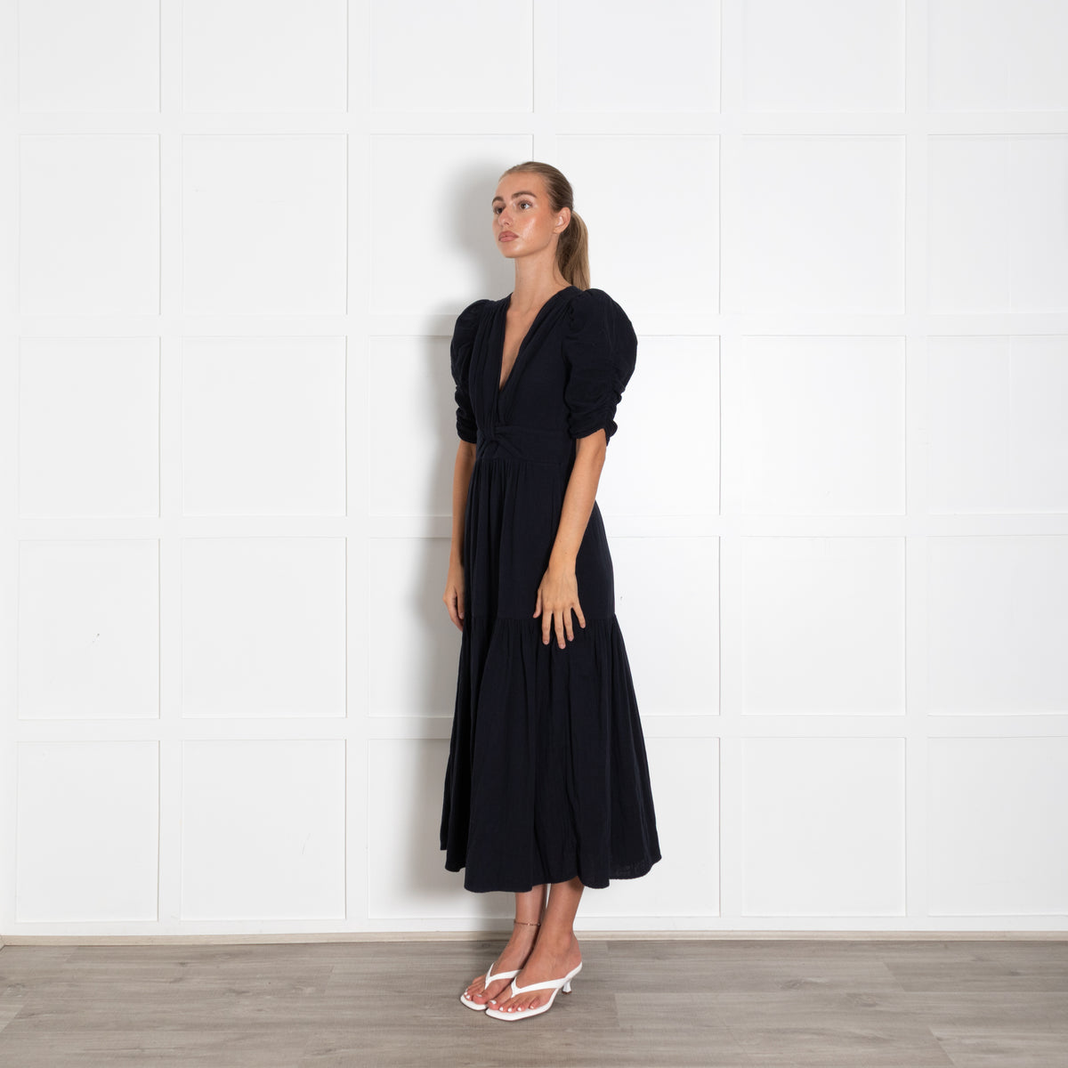Me + Em Navy Cotton Short Sleeve V-Neck Dress