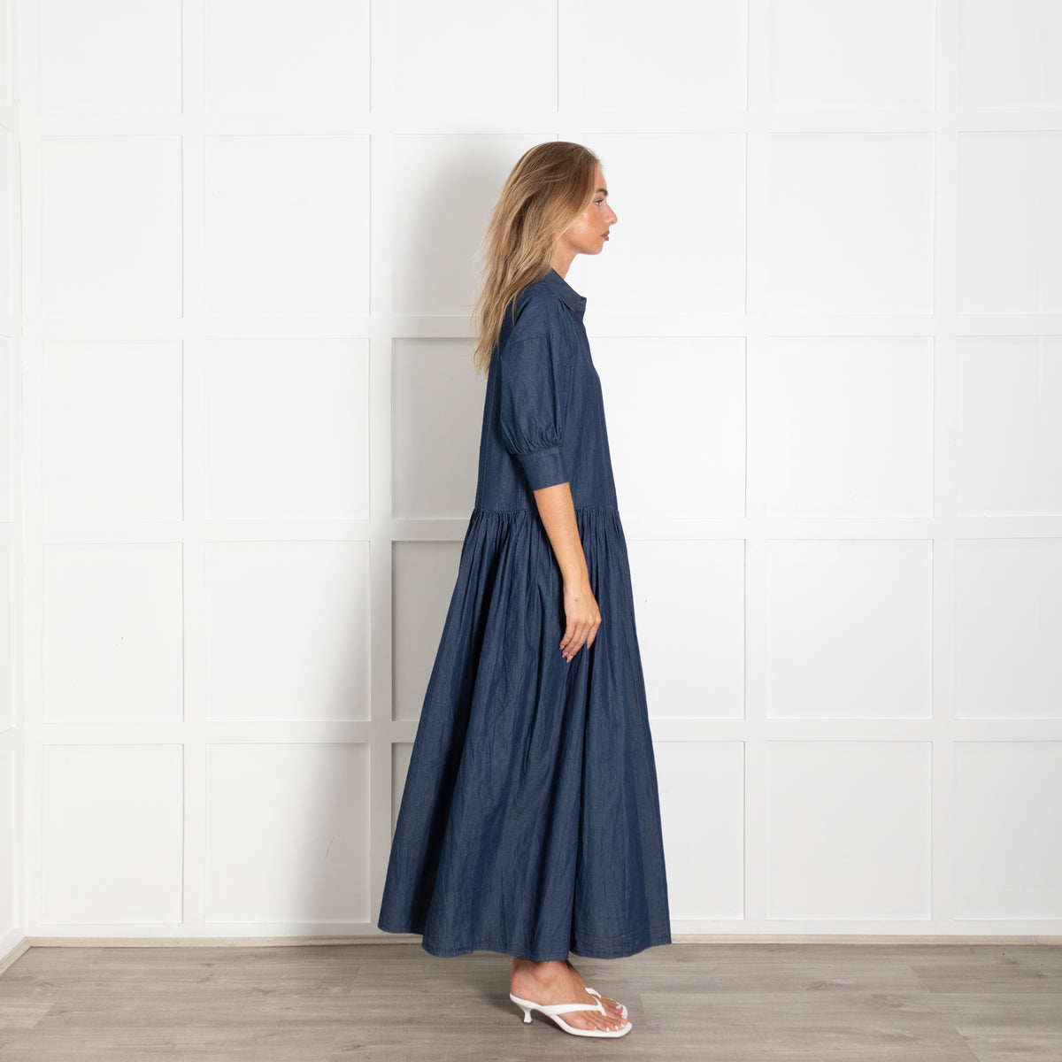 Marielle Dark Chambray Maxi Dress With 3/4 Sleeve