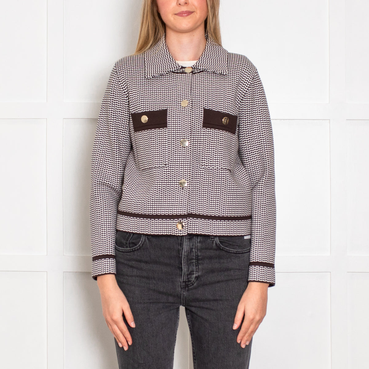 Claudie Pierlot Brown and White Stretch Knit Jacket with Gold Buttons