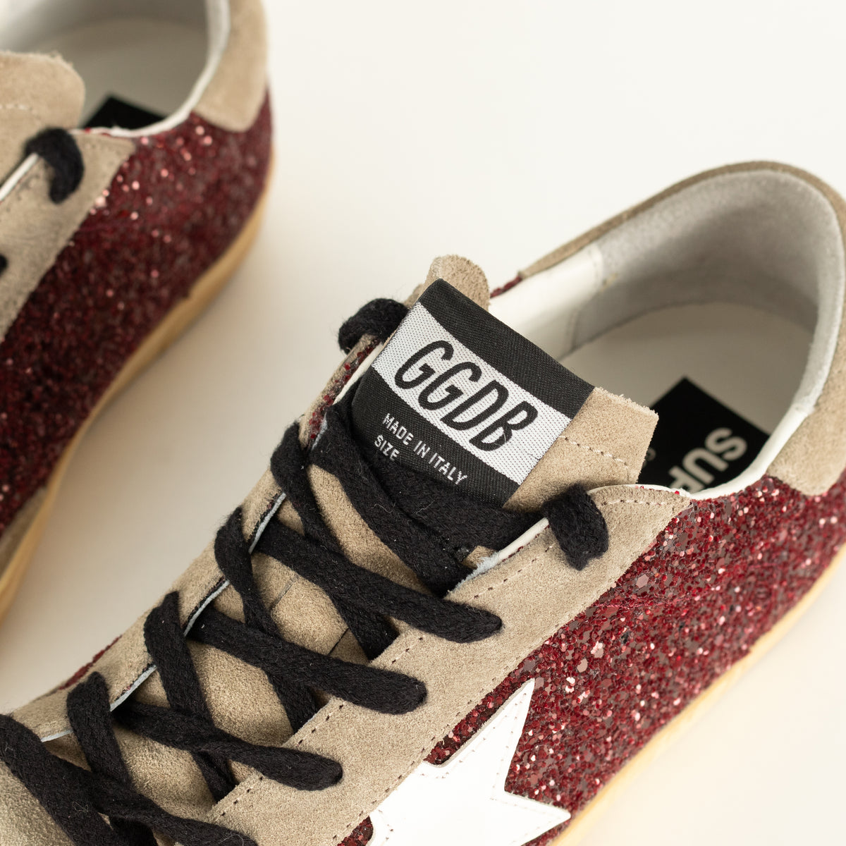 Golden Goose Super-Star Beige And Burgundy Sparkle Trainer