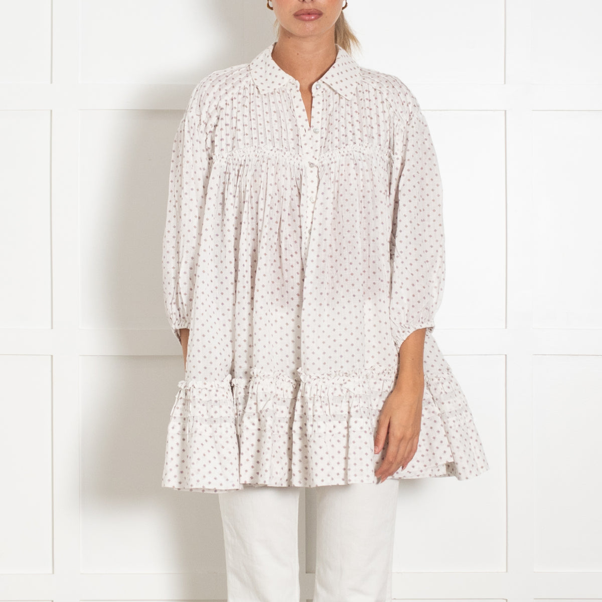 Free People White Pintuck Button Down Top With Red Smallprint