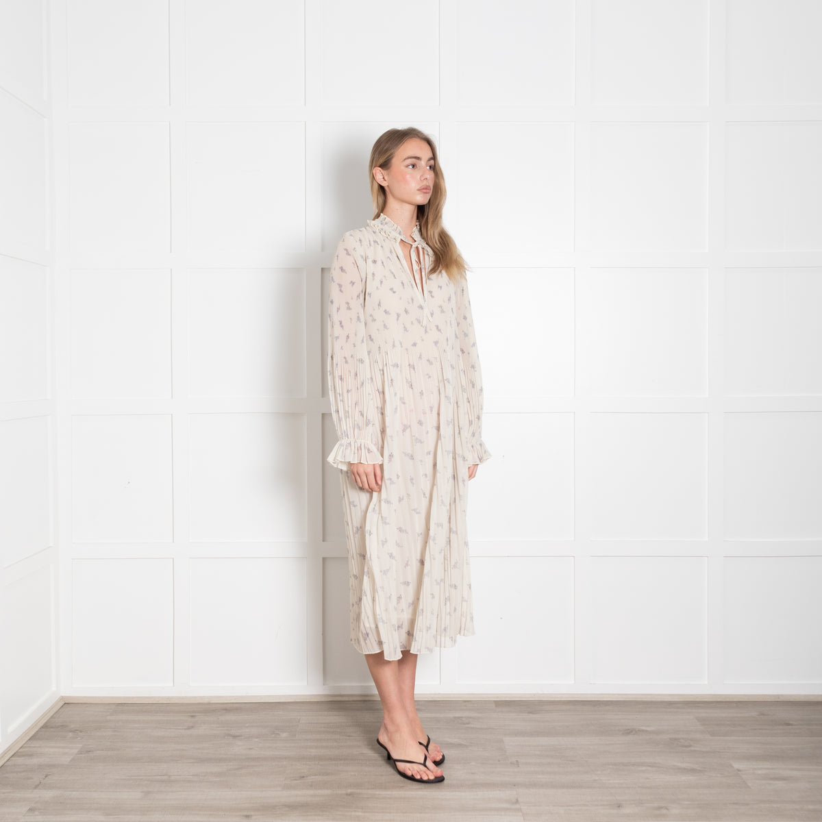 Ganni Cream Lilac Pleated Dress