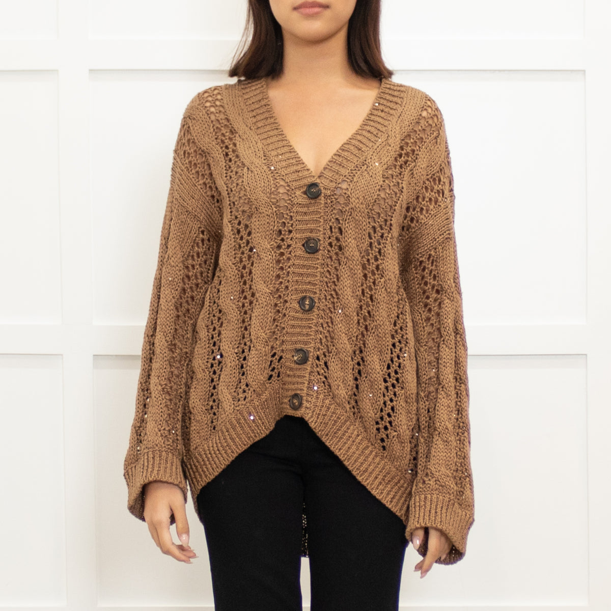 Brunello Cuccinelli Brown Loose Knit Sequin Cardigan