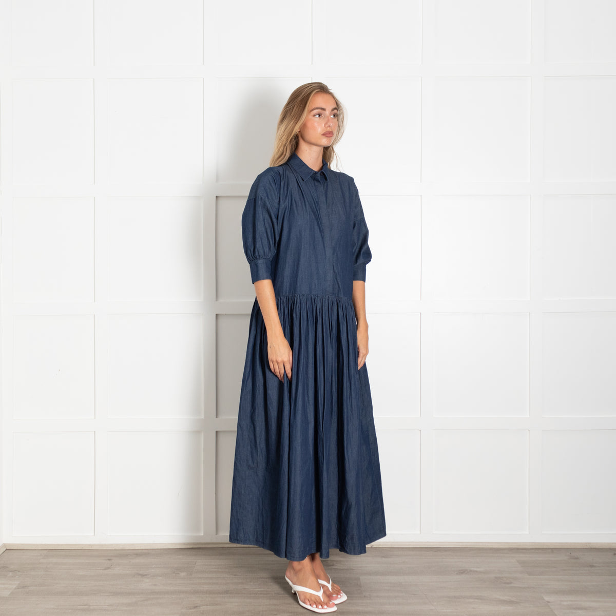Marielle Dark Chambray Maxi Dress With 3/4 Sleeve