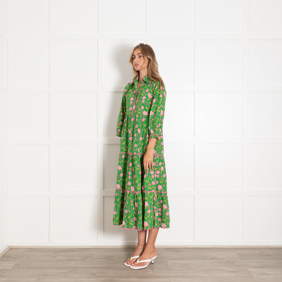 Pink City Prints Green Pink Floral Cotton Maxi Dress
