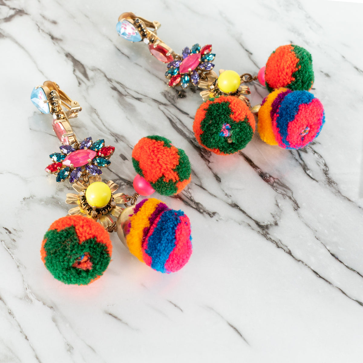 Vicki Sarge Gold Multicolour Pom Pom Crystal Clip On Earrings