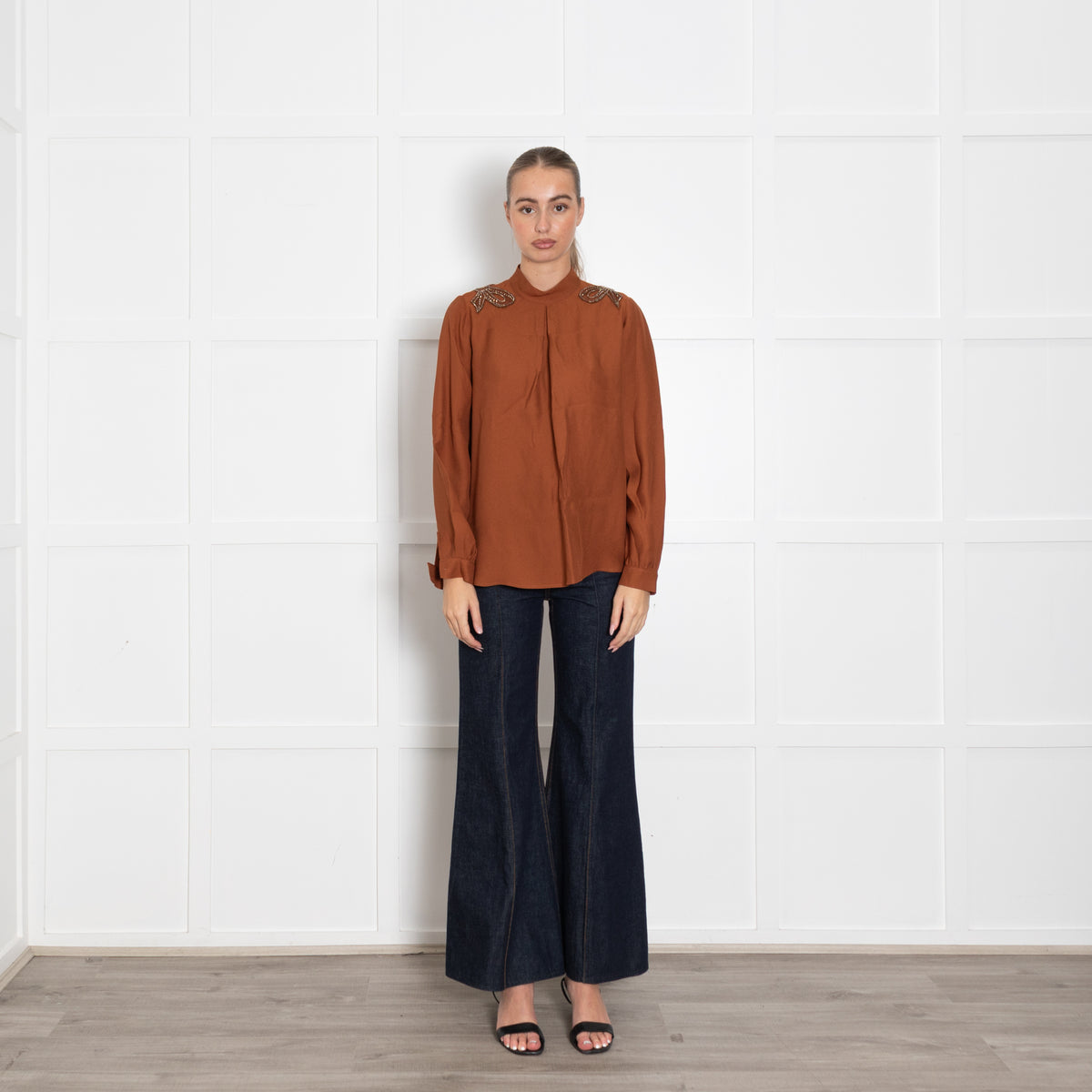 Machka Dark Tan Shirt With Crystal Shoulder Detail
