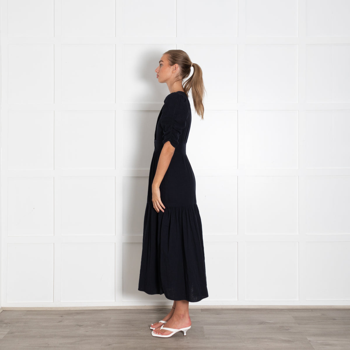 Me + Em Navy Cotton Short Sleeve V-Neck Dress