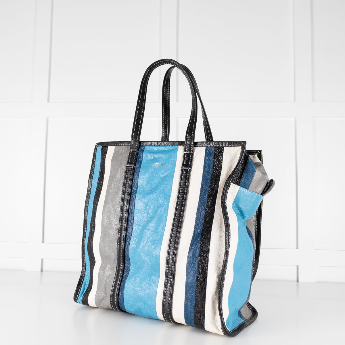 Balenciaga Blue White Grey Stripe Bazar Large Tote