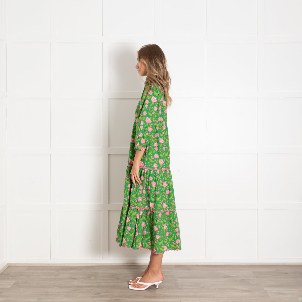 Pink City Prints Green Pink Floral Cotton Maxi Dress