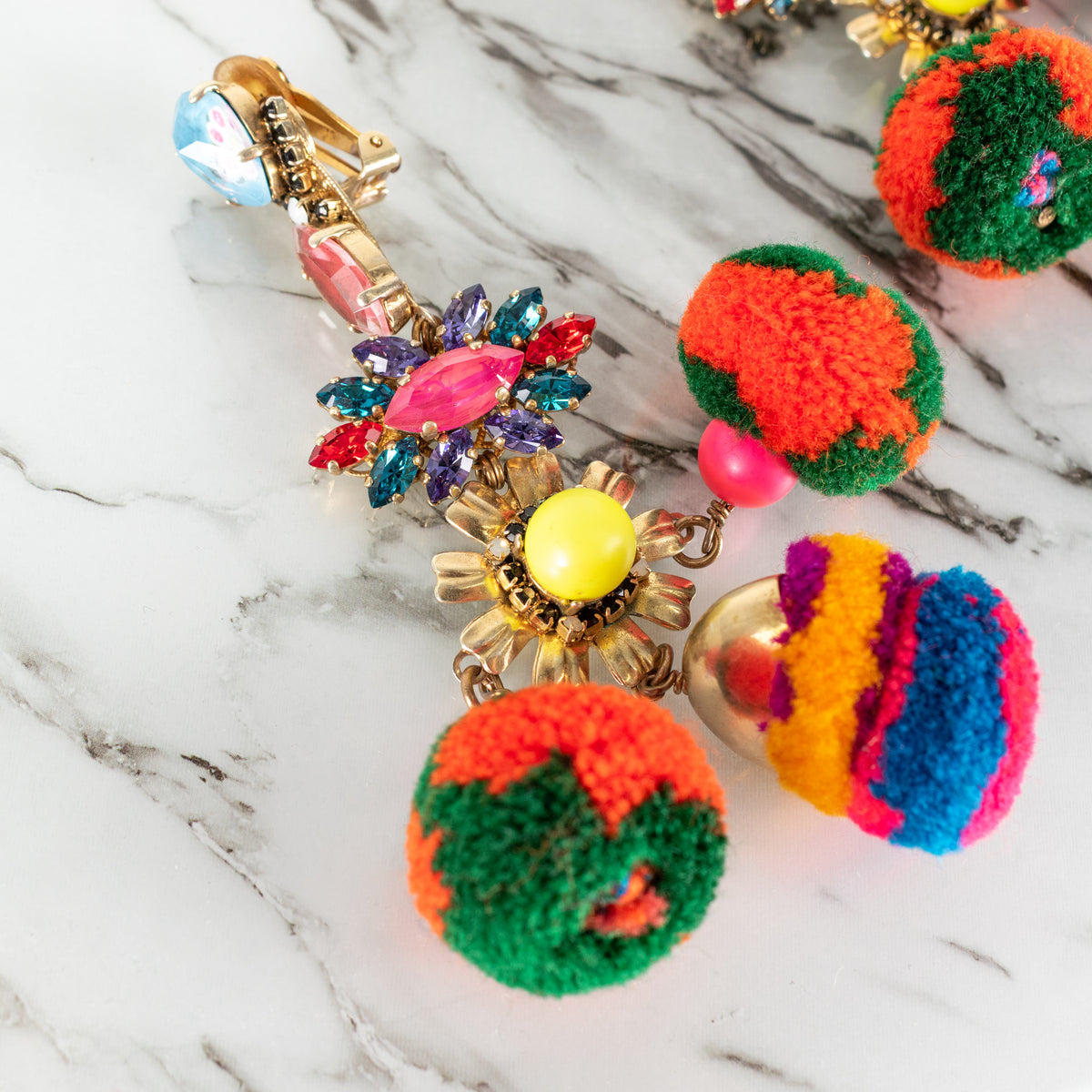 Vicki Sarge Gold Multicolour Pom Pom Crystal Clip On Earrings