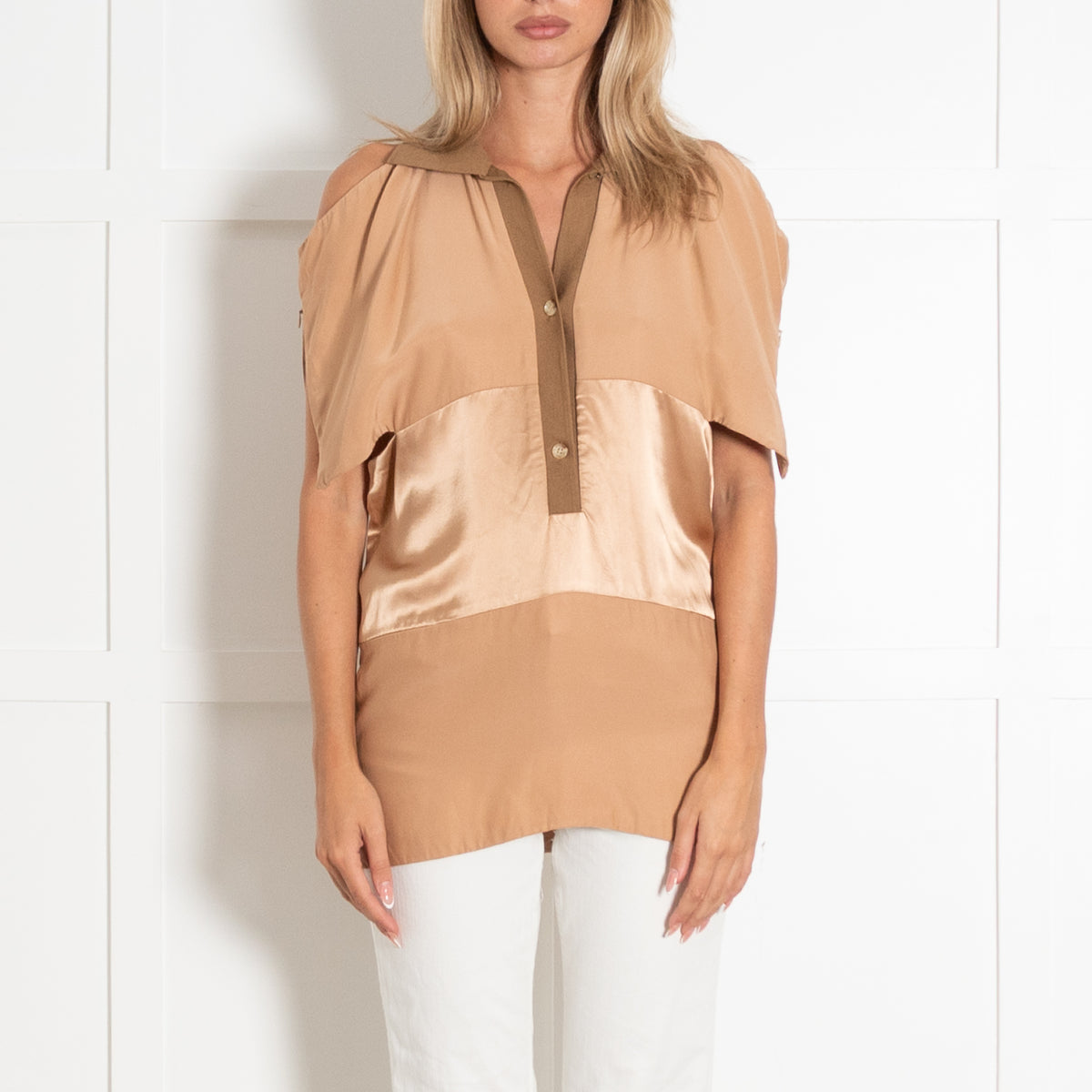 Burberry Tan Satin Panel Cut Out Detail Top