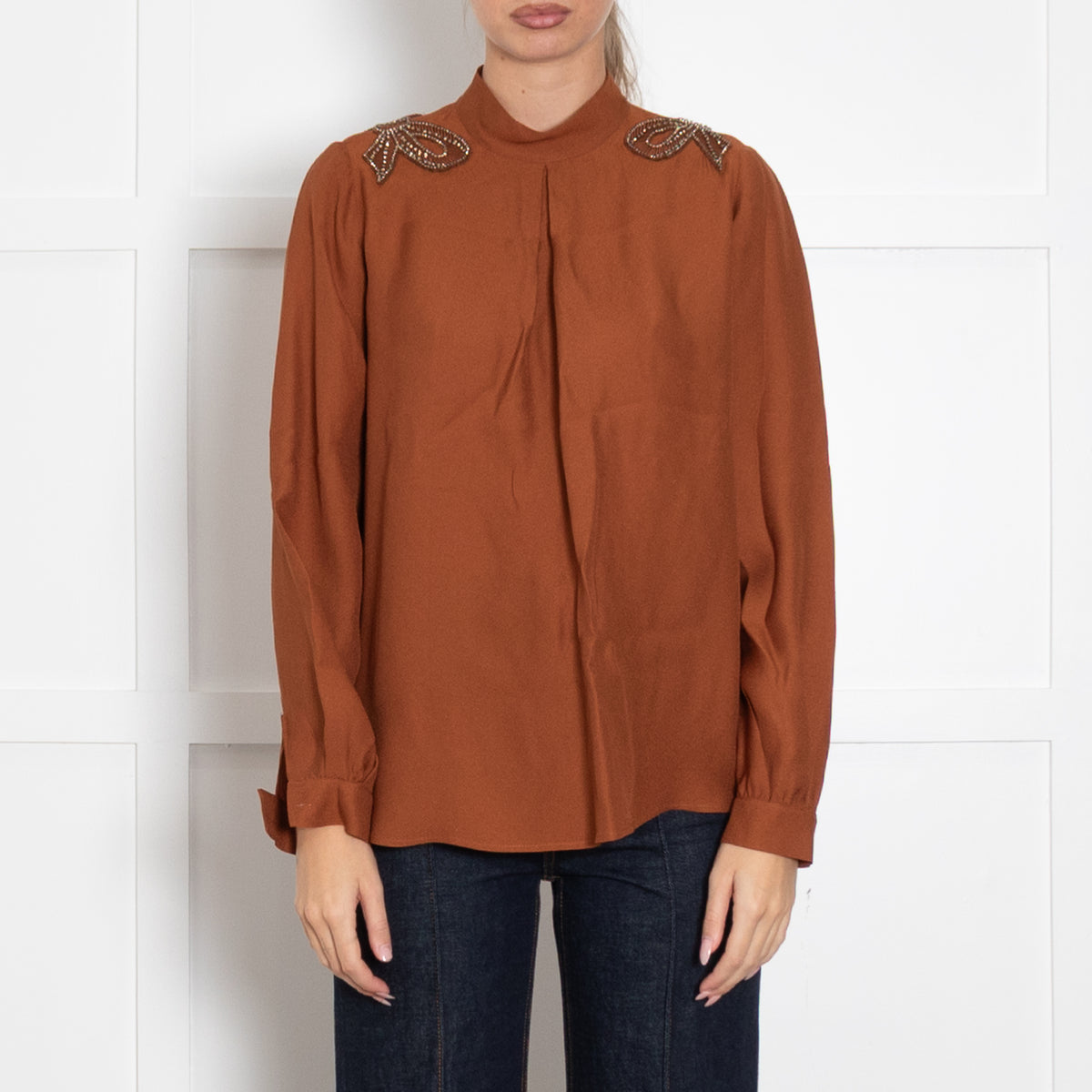 Machka Dark Tan Shirt With Crystal Shoulder Detail