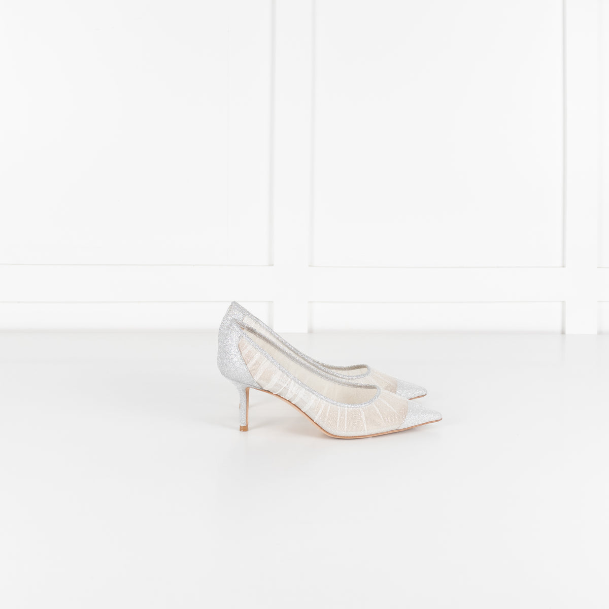 Jimmy Choo Silver Glitter Mesh Pointy Heeled Shoes