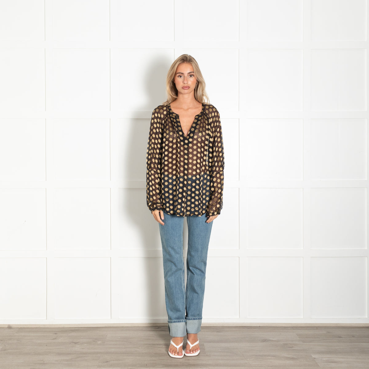 Diane Von Furstenberg Black Gold Spot Sheer Blouse