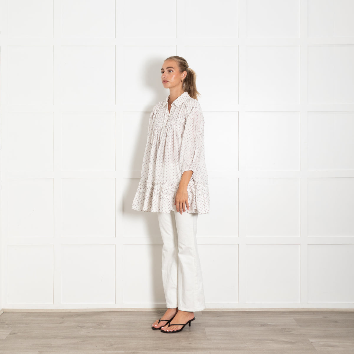 Free People White Pintuck Button Down Top With Red Smallprint