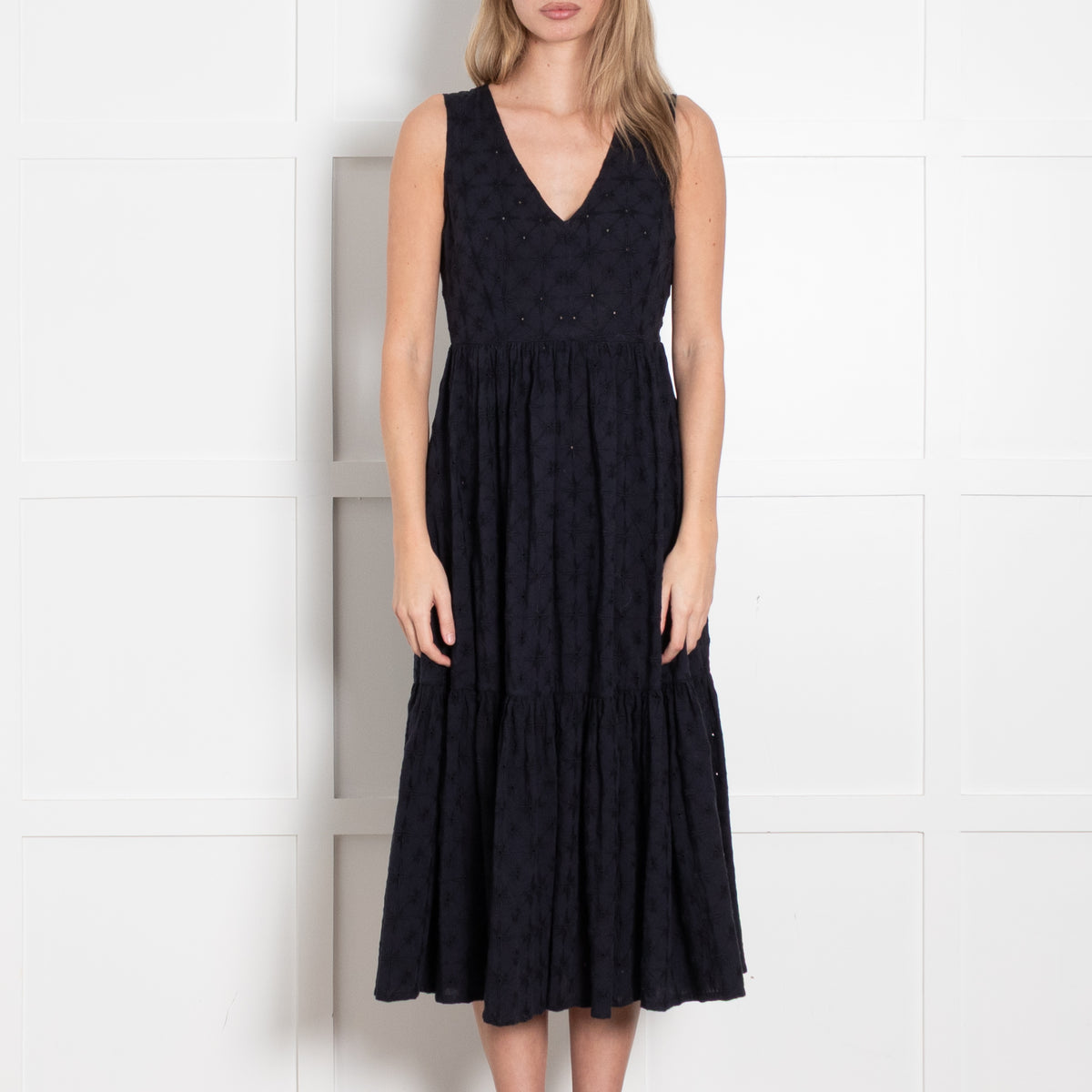 Le Sirenuse Navy Cotton Embroidered Sleeveless Midi Dress