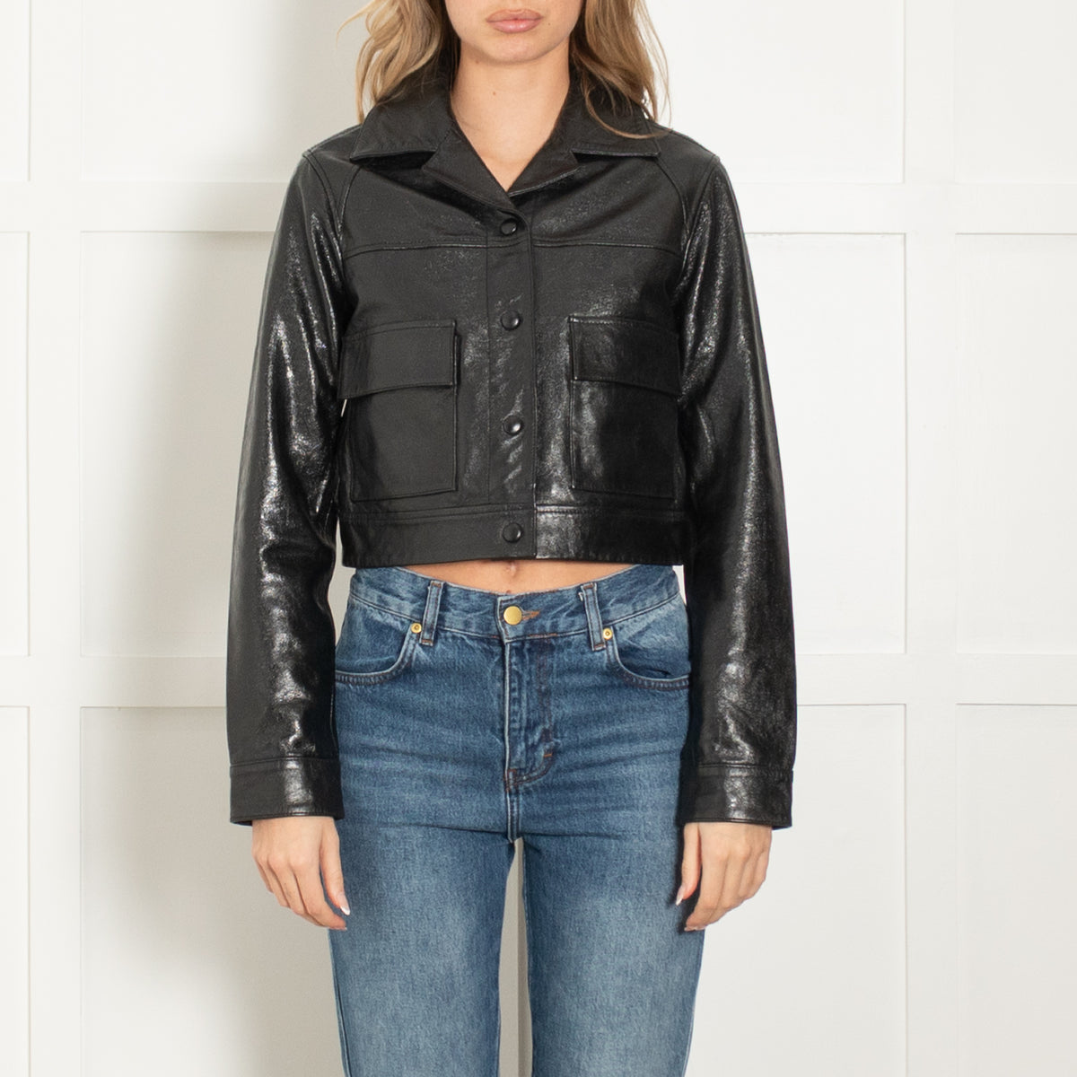 Citizens of Humanity Black Front Pockets Cropped Leather Jacket