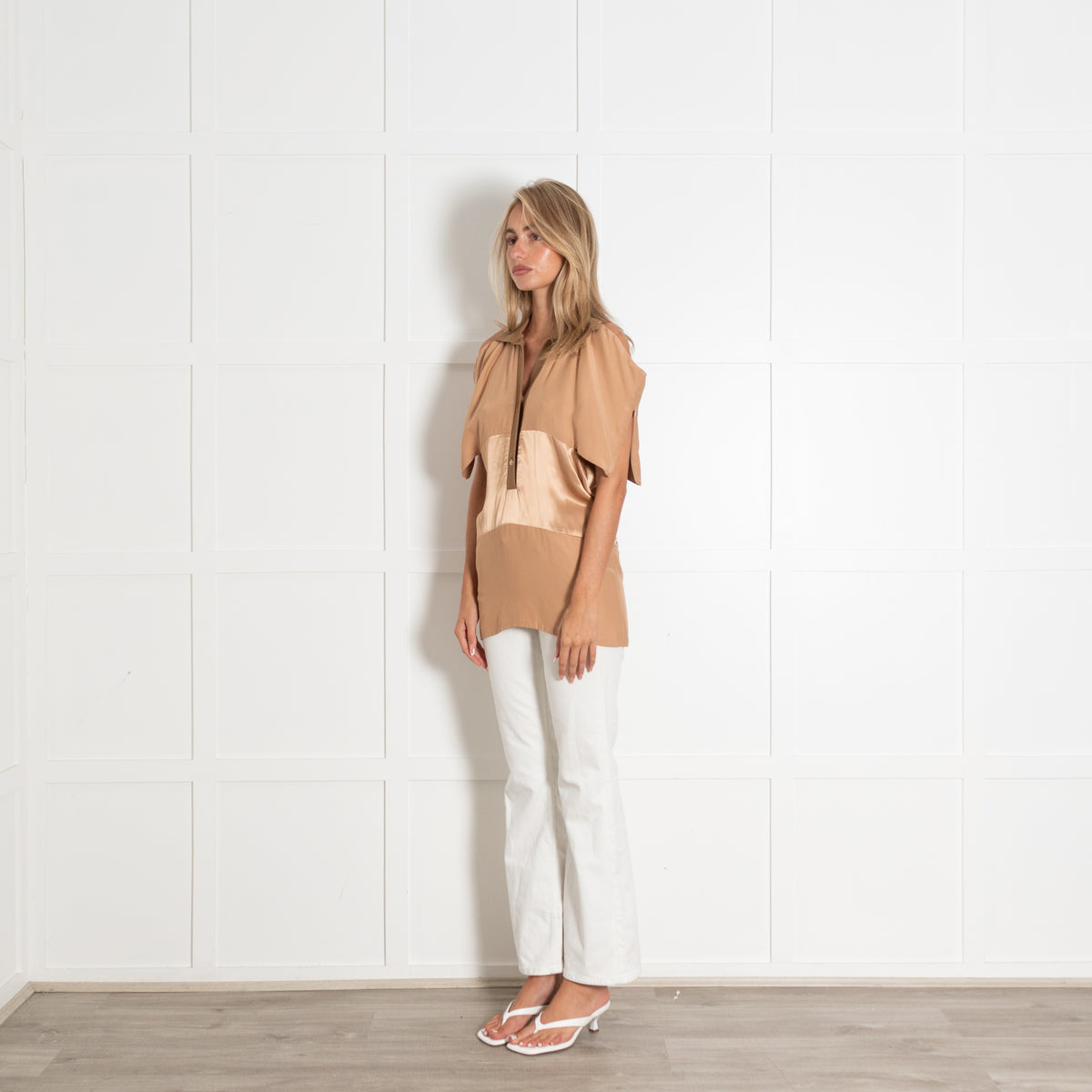 Burberry Tan Satin Panel Cut Out Detail Top