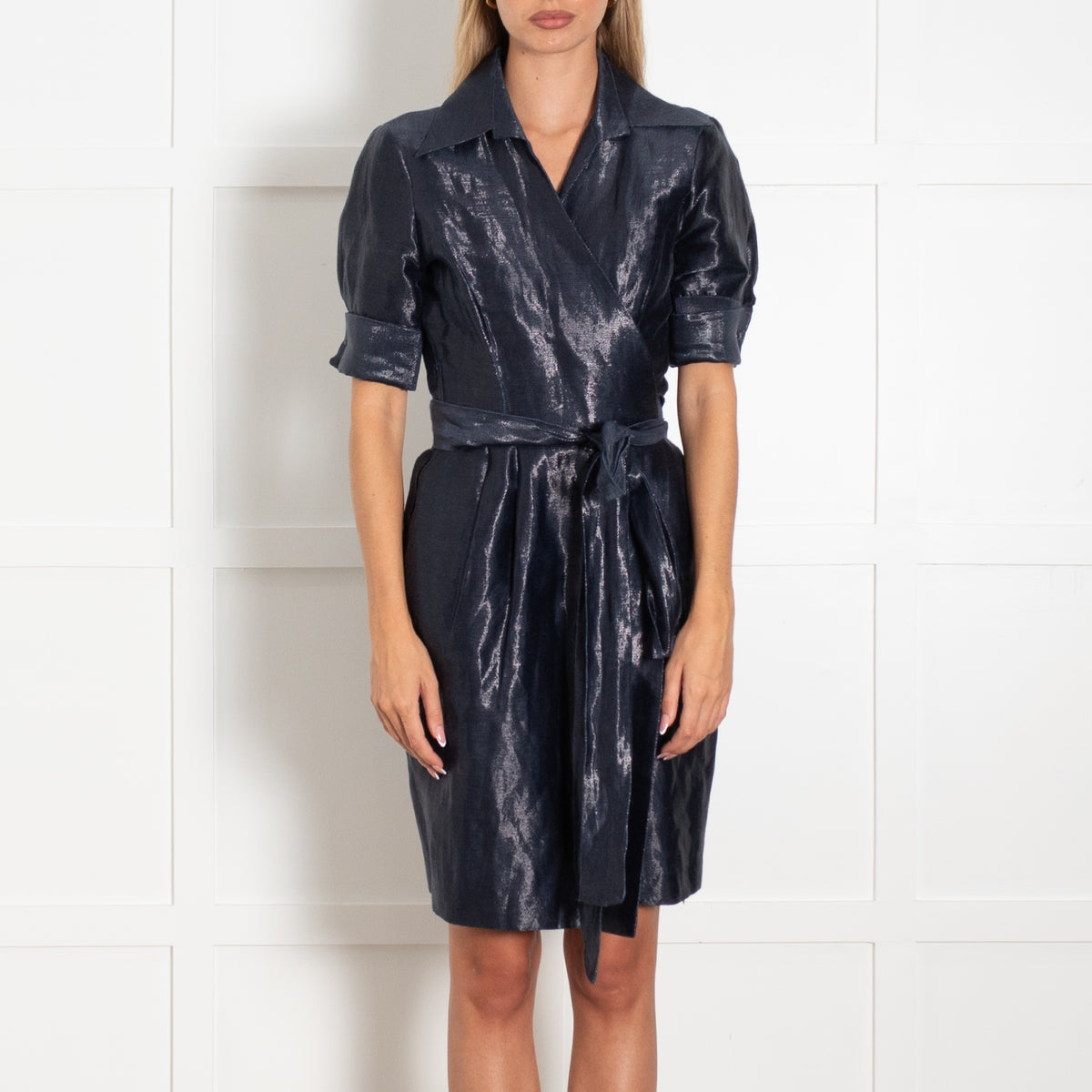 Tim Oconnor Navy Shimmer Fabric Collared Tie Waist Dress