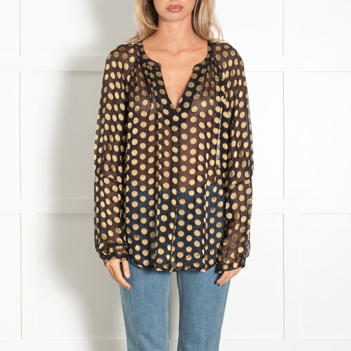 Diane Von Furstenberg Black Gold Spot Sheer Blouse