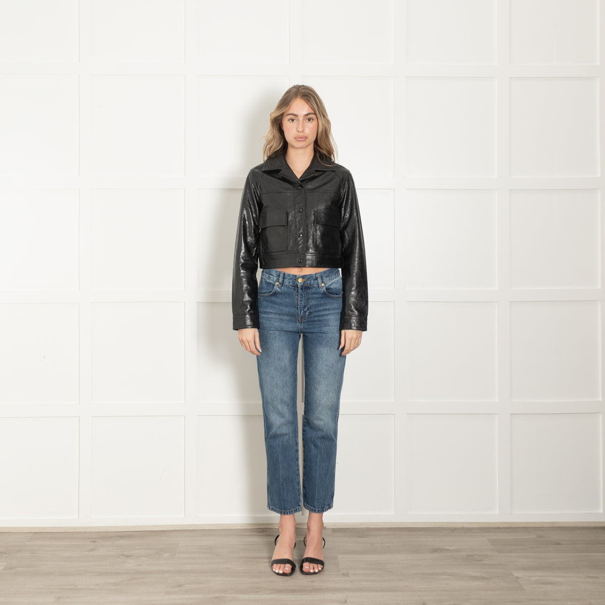 Citizens of Humanity Black Front Pockets Cropped Leather Jacket