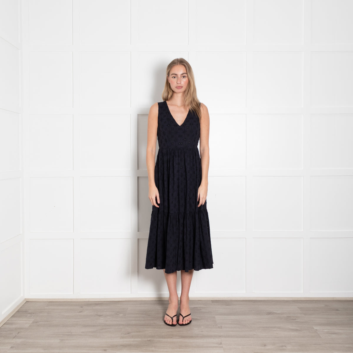 Le Sirenuse Navy Cotton Embroidered Sleeveless Midi Dress