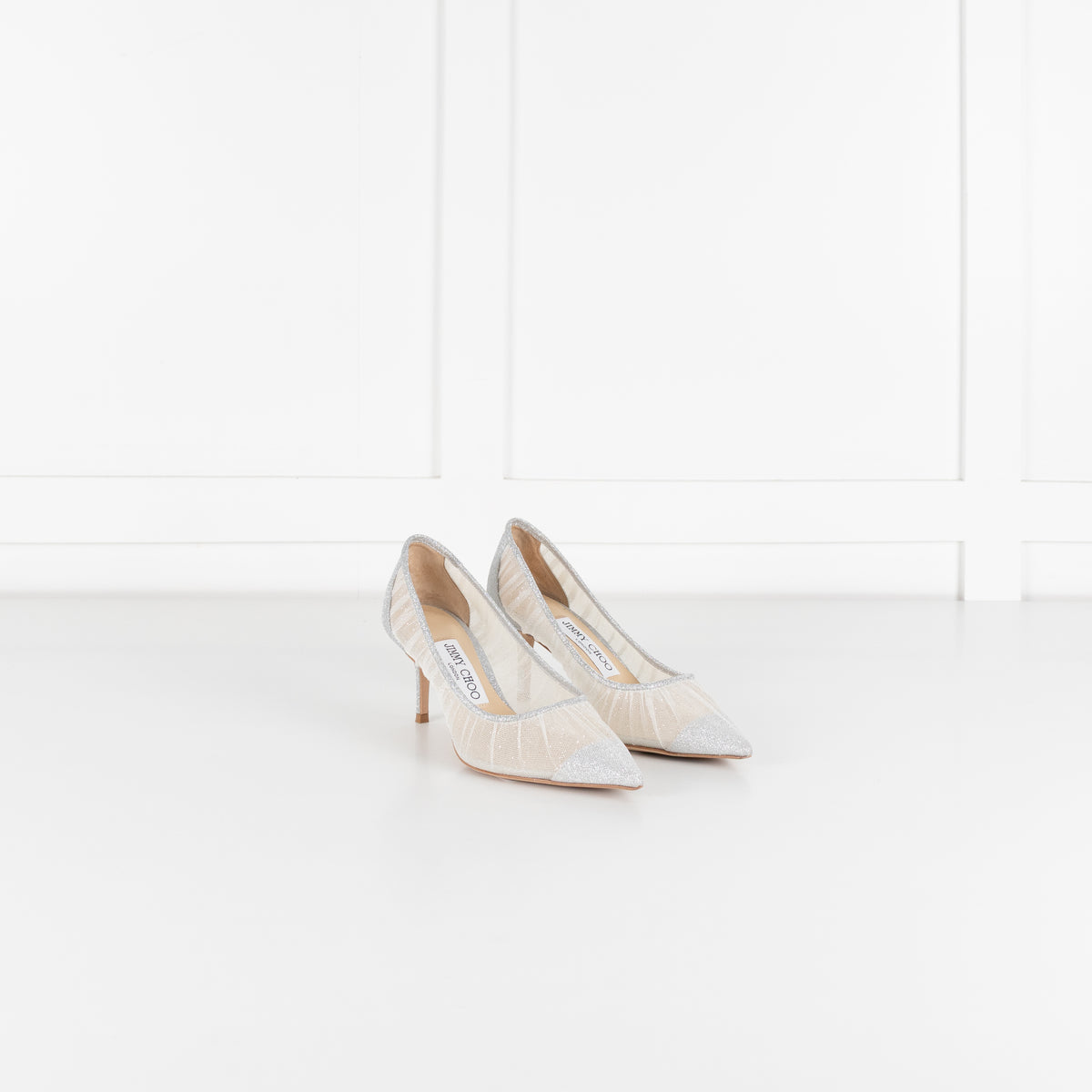 Jimmy Choo Silver Glitter Mesh Pointy Heeled Shoes