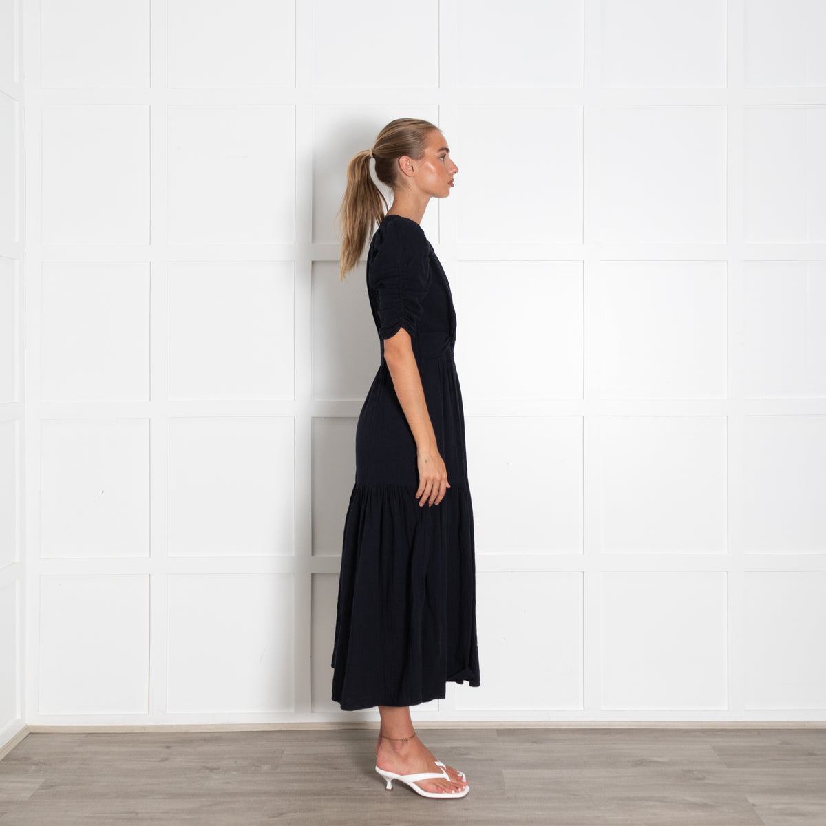 Me + Em Navy Cotton Short Sleeve V-Neck Dress