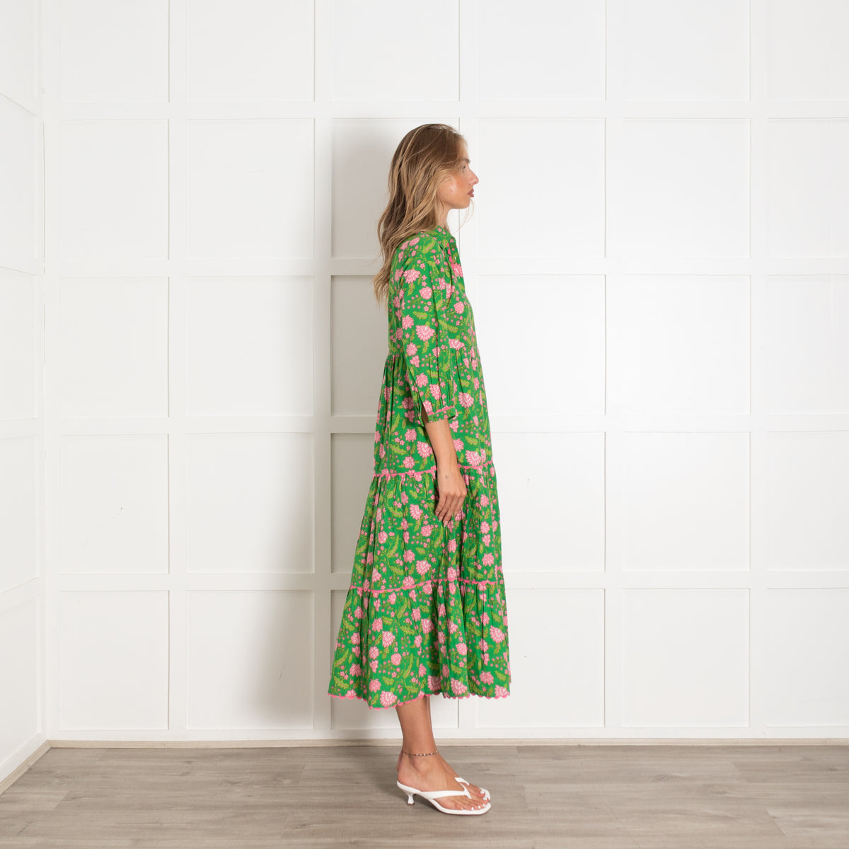 Pink City Prints Green Pink Floral Cotton Maxi Dress