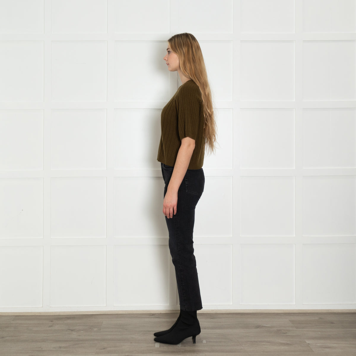 Me+Em Khaki Green Cashmere Wool Blend Short Sleeve Rib Jumper