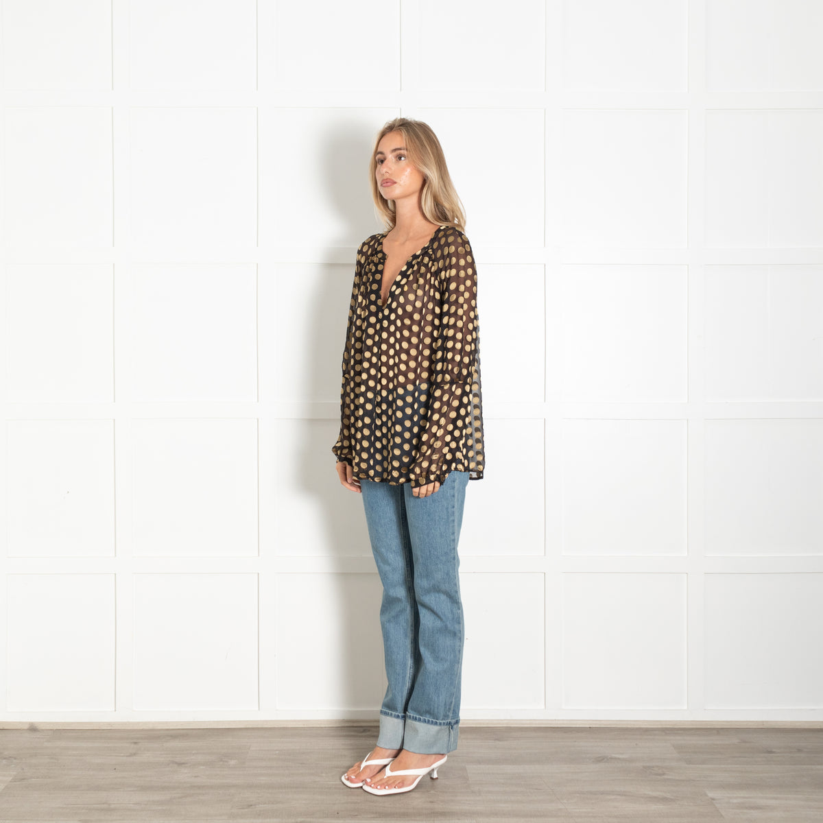 Diane Von Furstenberg Black Gold Spot Sheer Blouse