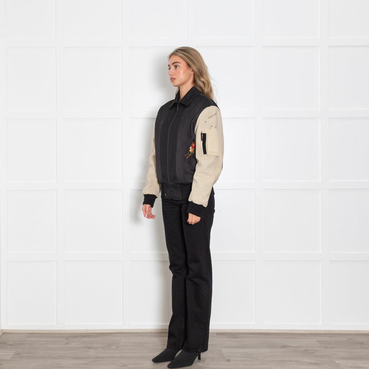 Saint Laurent Black And Cream Embroidered Bomber Jacket