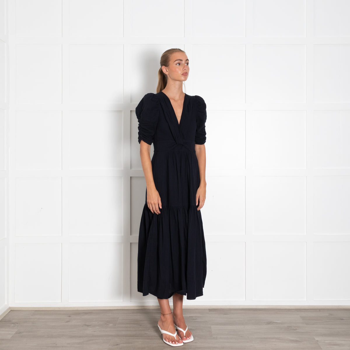 Me + Em Navy Cotton Short Sleeve V-Neck Dress