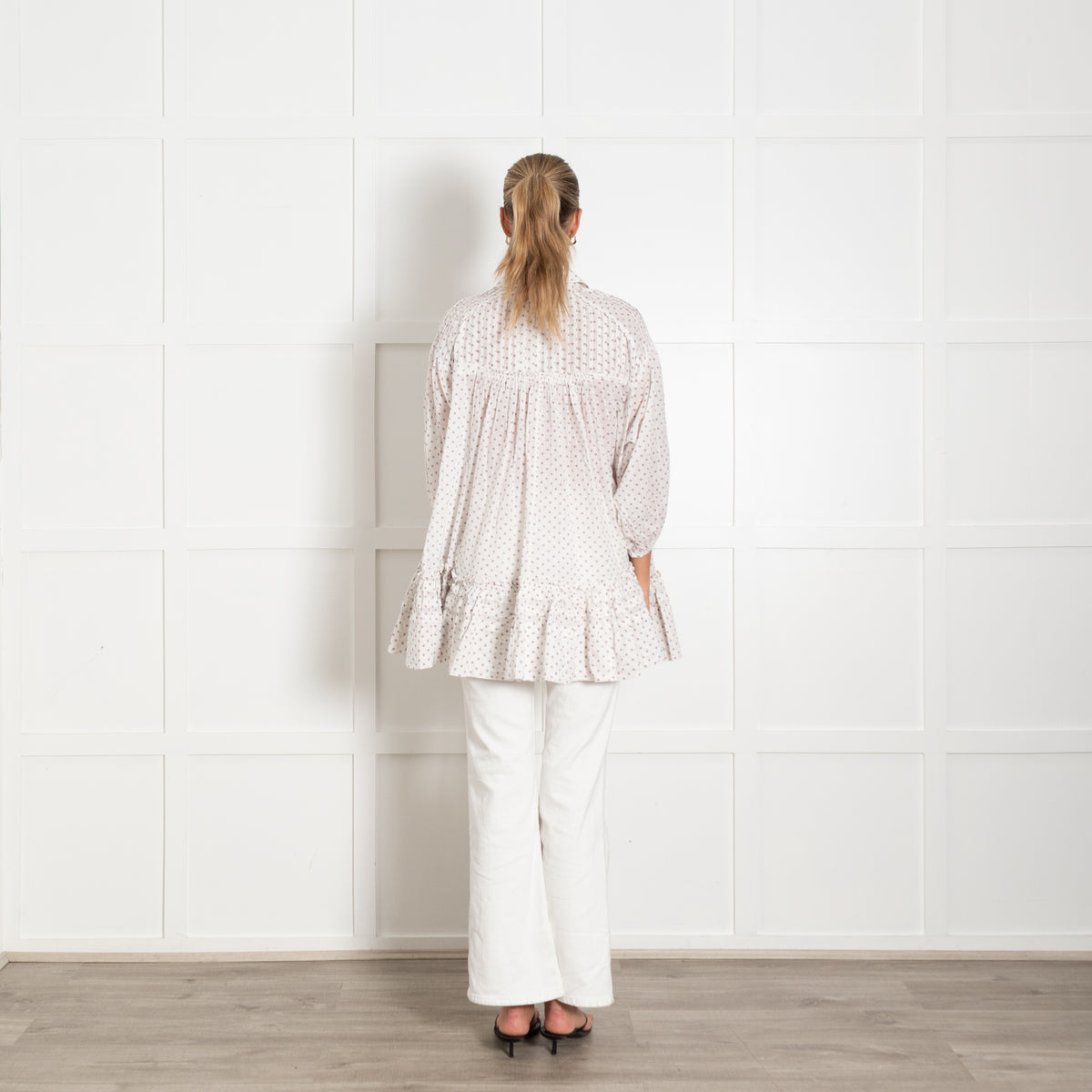 Free People White Pintuck Button Down Top With Red Smallprint