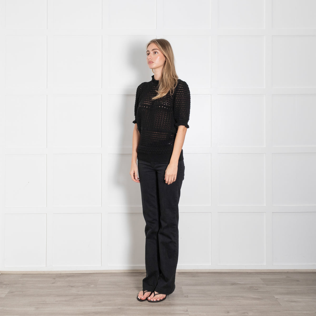 Wyse Black Crochet Cotton Short Sleeve Sweater