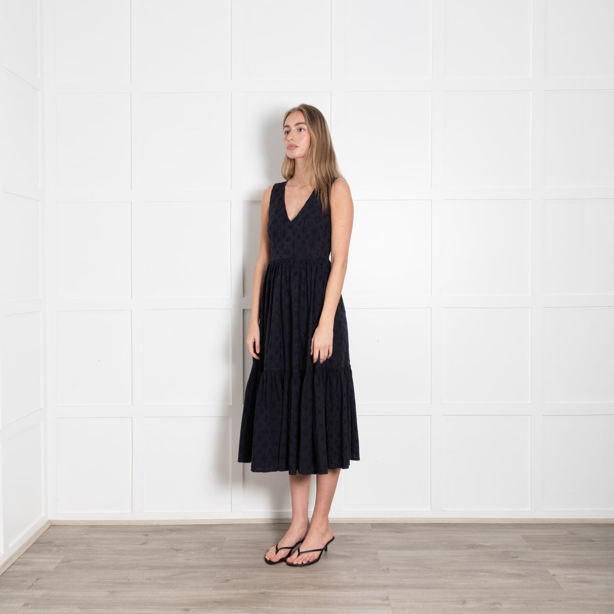 Le Sirenuse Navy Cotton Embroidered Sleeveless Midi Dress
